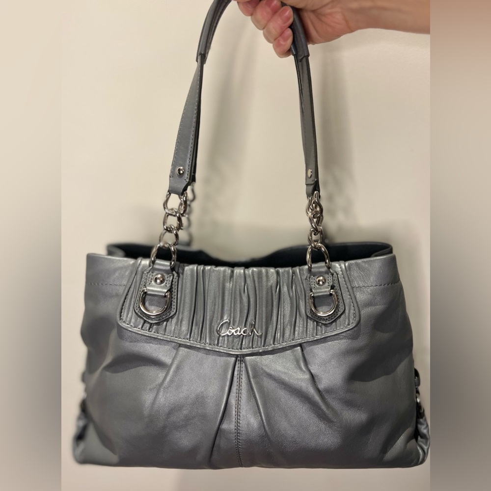 COACH Ashley Leather Grey Metallic Shoulder Bag Tote